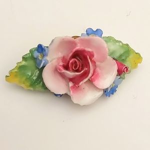 Signed ARTONE Bone China Made in England ROSE FLOWER Pink Vintage BROOCH Pin